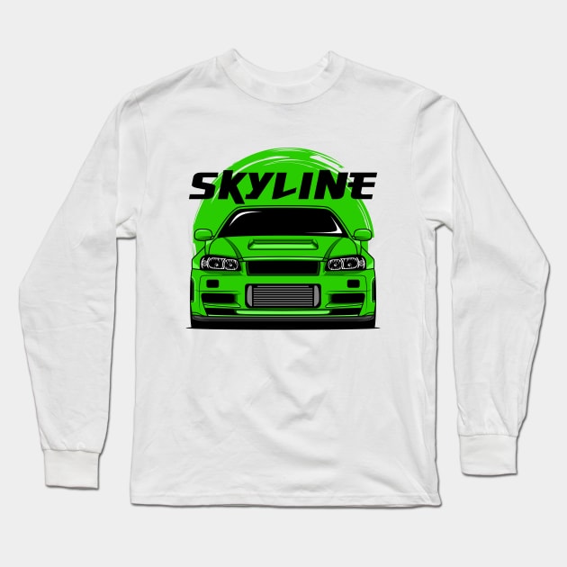 Green Skyline R34 Long Sleeve T-Shirt by GoldenTuners